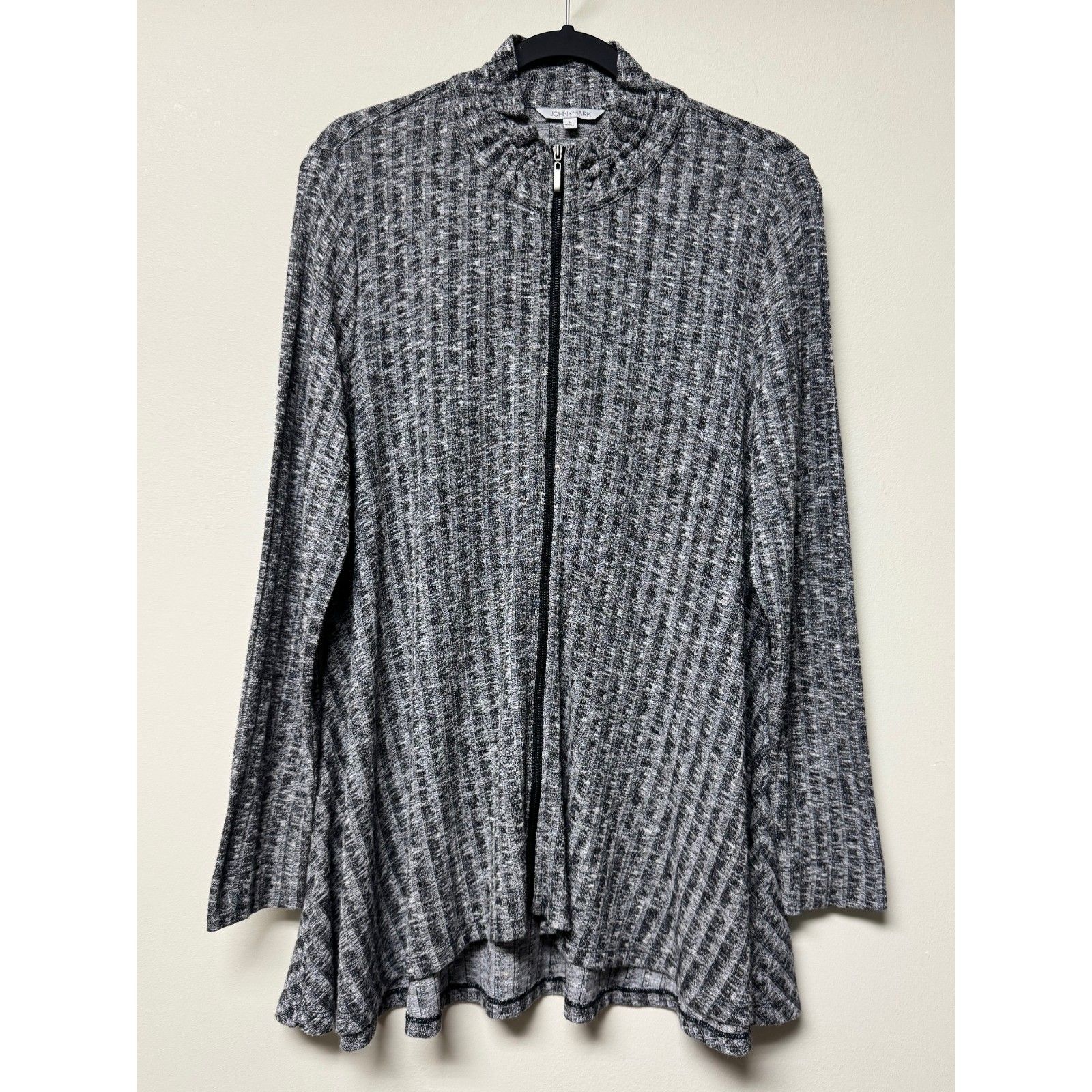 John Mark Marled Black/Gray Full Zip Long Sleeve Wire Collar Swing Cardigan, L